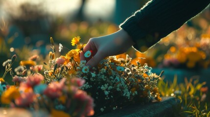 Wall Mural - Close-up of a woman's hand picking flowers