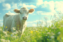 White Cow In Sunny Wildflower Field Under Blue Sky