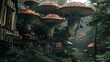 medieval village built inside giant magical mushrooms, dark fantasy art. generative AI