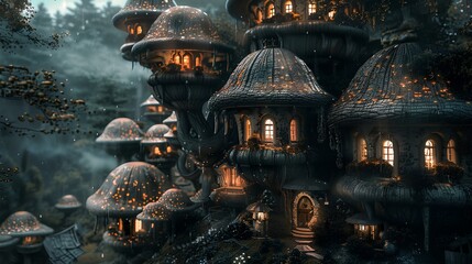 medieval village built inside giant magical mushrooms, dark fantasy art. generative AI