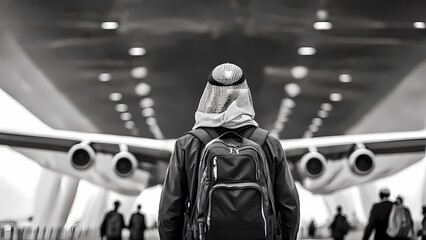 Wall Mural - Muslim man with traditional clothes and backpack on airport. Male traveler walking at airport gate terminal. Hajj and Umrah vacation and travel concept