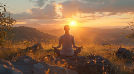 Wall Mural - person person meditating in nature while golden hour