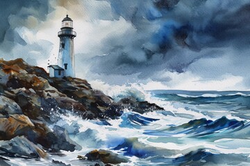 Wall Mural - : A watercolor painting of a lighthouse on a rocky shore with waves and a stormy sky.