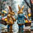 An Easter in the Changing Climate. Two Easter bunnies with Easter baskets standing resilient in a flooded urban setting, under a climate downpour.
