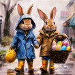 Hand in Hand, Through Rainy Days. Two Easter bunnies with Easter basket, each wearing matching yellow rubber boots standing resilient in a flooded urban setting, under a climate downpour.