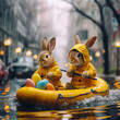 Two bunnies in yellow raincoats rowing an inflatable boat through a flooded city street, safeguarding a basket of Easter eggs from the pouring rain.