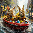 Two determined bunnies in yellow raincoats navigate a flooded urban street in a red bumper boat, clutching a basket of colorful Easter eggs amidst a torrential downpour.