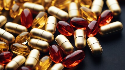 Wall Mural - Close-up of golden and red pills and capsules on black background. Food dietary supplement. Side view. Generative AI