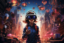 A Whimsical Depiction Of A User Wearing A VR Headset Transported Into A Pixelated Retro Video Game World The Illustration Combines Elements Of 8 Bit Art