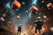 An imaginative dystopian scene where delivery robots have evolved into autonomous flying drones delivering goods in a futuristic cityscape filled with towering