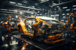 © JR-50 - Inside a futuristic vehicle assembly line an AI robot with a robust frame and multiple arms works alongside human engineers installing high tech components into cars