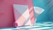badminton shuttles with a bright pink card on a blue background , in the style of album, folio and fan formats, pastel goth, light white and light blue, minimalist canvases, 