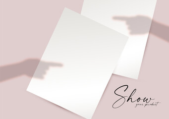 Wall Mural - soft mock up with a4 paper template and shadow human hand with showing gesture.