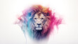Löwenkopf in buntem Farbnebel. Künstlerische Illustration vor weißem Hintergrund