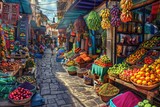 Fototapeta Uliczki - This painting depicts a vibrant outdoor market filled with an array of colorful fruits and vegetables. Customers and vendors interact amidst the bustling scene. Generative AI