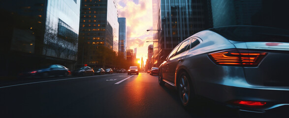 Wall Mural - street view with skyscrapers in the sunset. cars on the wide sunlit lanes of the street. image made 