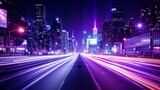 Fototapeta  - Futuristic neon cityscape  vibrant skyscrapers, dynamic streets, and dazzling light trails