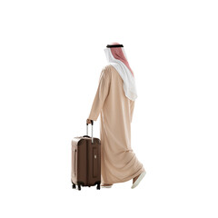 Rear view or Back view of Arab traveler man carrying a suitcase isolated on a white background. Hajj and Umrah vacation and travel concept