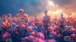 Holographic human figures in flowers, a futuristic concept