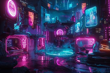 Poster - A vibrant and bustling cityscape filled with neon lights and signs, creating a futuristic and electrifying atmosphere. Generative AI