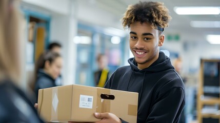 Wall Mural - Smiling young man delivers package at the office. friendly courier service. express delivery concept. casual attire. AI