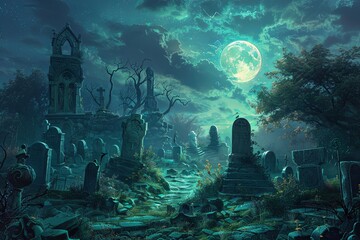 A cemetery illuminated by the full moon, casting eerie shadows on the tombstones and trees. Generative AI