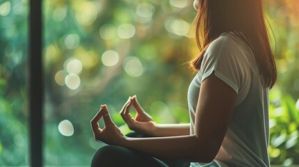 Poster - A serene woman finds inner peace as she meditates in the warm embrace of the sun's rays, dressed in comfortable outdoor clothing