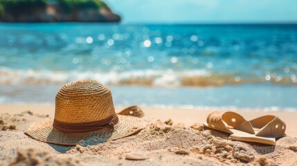 Poster - A stylish sun hat sits on the warm sand, basking in the summer sun while overlooking the tranquil sea and rocky shore