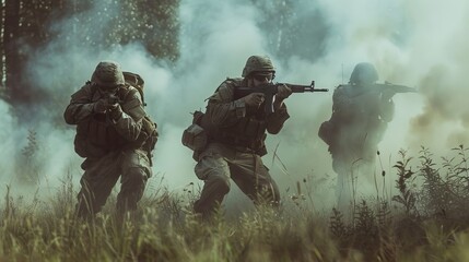 Wall Mural - Amidst the lush green grass, a fierce group of soldiers clad in military uniforms and armed with weapons ranging from rifles to machine guns, stood ready for battle with their camouflage-clad comrade