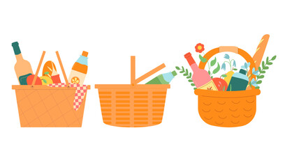 Picnic baskets set isolated on white background. Cookout food and wine. Summer outdoor holiday activity elements. Vector flat illustration