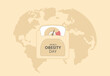 World obesity day banner template. Bathroom scale with overweight indicator on map background. Vector flat illustration