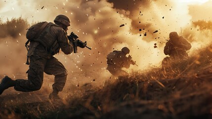 Wall Mural - A squad of armed soldiers sprint through a war-torn landscape, their weapons raised and ready to unleash a storm of violence upon their enemies