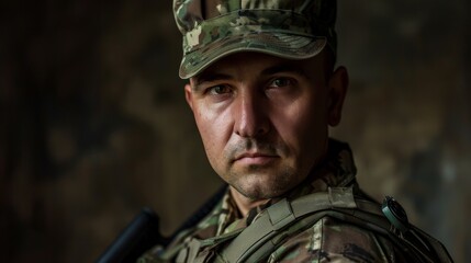 Canvas Print - A stern-faced soldier dons his military uniform, complete with camouflage and ballistic vest, embodying strength and bravery as he stands ready to defend his country