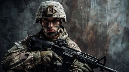 Wall Mural - A heavily armed soldier, clad in military uniform and equipped with an array of firearms, stands poised for combat amidst a camouflage backdrop