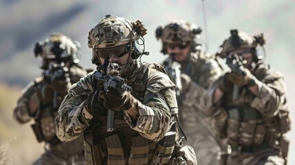Wall Mural - An elite squad of military soldiers, clad in camouflage and armed with rifles and machine guns, stands ready for combat in the great outdoors