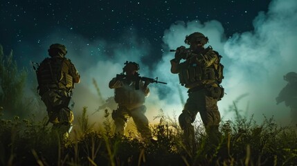 Canvas Print - In the midst of a dark and dangerous night, a group of soldiers stand in the grass, their weapons at the ready, embodying the raw and brutal reality of violence