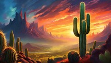 Huge Cactus In Front Of Epic And Colorful Nature Background, Landscape