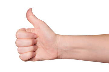 Wall Mural - Women's hand making thumbs up sign. Gesture isolated on transparent background, png