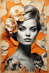 Wall Mural - Abstract vintage portrait of young woman with flowers. art collage ,poster, double exposure style.