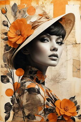 Wall Mural - Abstract vintage portrait of young woman with flowers. art collage ,poster, double exposure style.