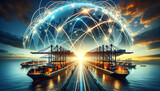 A dynamic image of a shipping port with cargo ships and cranes overlaid with a glowing digital mesh representing global trade networks at sunset.Logistics solutions in the future.AI generated.