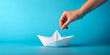 Hand and paper boat ideas in blue background with dream and hope side communication. Business, Comparison, Illustration, Investment, Development, 3D Rendering