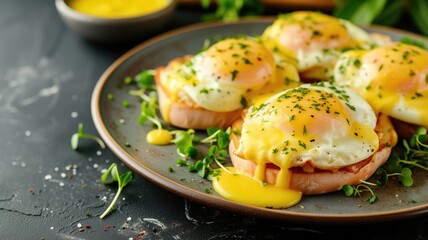 Canvas Print - Poached eggs on toast topped with hollandaise sauce and herbs