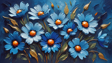 beautiful blue flowers painted with oil paints