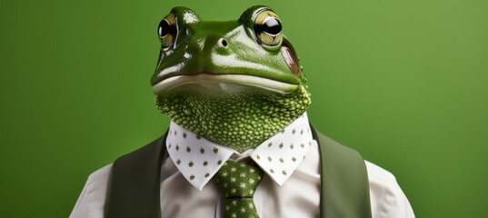 Poster - Frog in business attire working in corporate setting, anthropomorphic concept with copy space