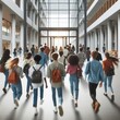 © DK_2020 - Rear view of group of young people walking quickly to classes in a modern building