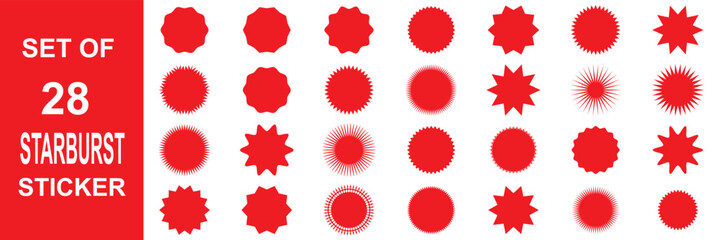 Poster - Star burst stickers. Used in Discount promo stamps. Circle, round splash badges. Red tag product labels. Set starburst shapes isolated on white background. Flat illustration. EPS 10