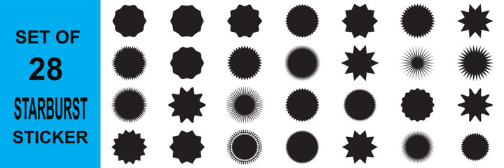 Poster - Star burst stickers. Used in Discount promo stamps. Circle, round splash badges. Black tag product labels. Set starburst shapes isolated on white background. Flat illustration. EPS 10