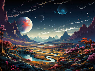Wall Mural - Mars in sky at night background asset game 2D futuristic
