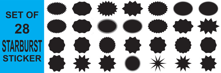 Poster - Star burst stickers. Used in Discount promo stamps. Circle, round splash badges. Black tag product labels. Set starburst shapes isolated on white background. Flat illustration. EPS 10